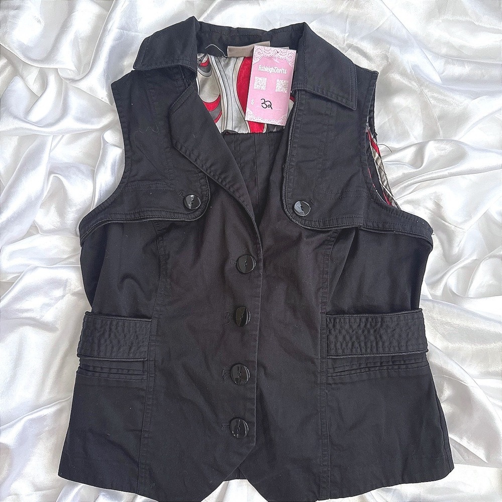 Kenneth Cole Reaction Black Button Up Utility Vest with Patterned Lining Medium